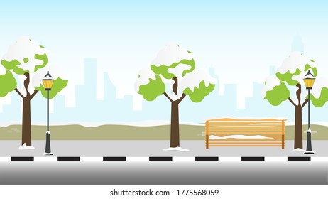 Winter city road with lanterns. vector illustration