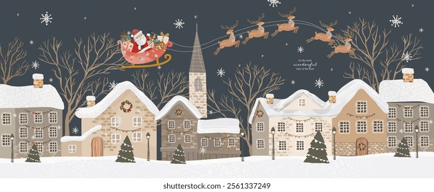 Winter city. Santa Claus on a sleigh pulled by reindeer. Vector cute illustration of street, with Christmas trees for Merry Christmas and Happy New Year greeting, card, greeting card or banner. 2025