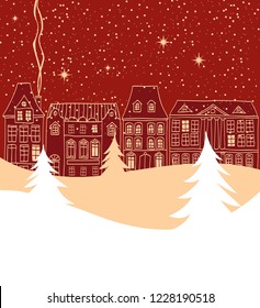 Winter city scene with old fashioned houses silhouettes and pine trees on foreground