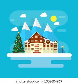 Winter city scene on ski resort.Winter holidays flat landscape. Vector illustration of ski mountain resort concept scene with chalet, mountains, christmas tree in sunny winter day.