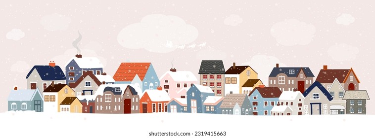 Winter City Scene,Christmas Greeting Card,New Year 2024 Background,Vector illustration of Horizon Cute Fairy Houses with Snowy for Christmas winter landscape Design for Postcard,Calendar,Web Banner