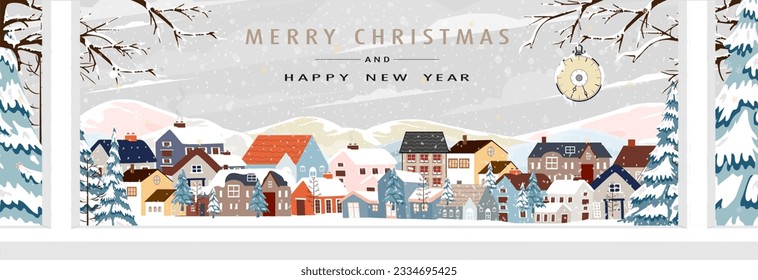 Winter City Scene,Christmas Greeting Card,New Year 2024 Background,Vector illustration of Horizon Cute Fairy Houses with Snowy for Christmas winter landscape Design for Postcard,Calendar,Web Banner