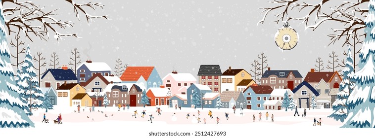 Cena Cidade de inverno, Cartão de Natal, Ano Novo 2025 Fundo, Ilustração vetorial de Horizon Casas de fadas bonitas com neve para Natal paisagem de inverno Design para Postcard, Calendário, Banner Web