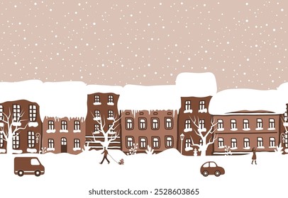 Winter in the City. Seamless Border. Cityscape. Winter Town. Winter Street. Snow Covered Brown Houses, Trees, People, Snowman, Cars. City Life. Hand Drawing Vector Illustration.