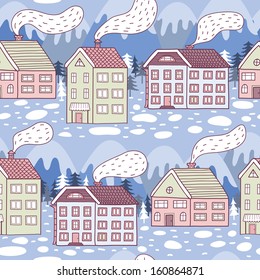 Winter city seamless pattern