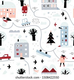 Winter city seamless pattern. Childish textile, wrapping paper, wallpaper design. Background with houses, trees and cars. Winter landscape.
