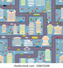 Winter city seamless pattern. Christmas in town. Map real estate and transport. Skyscrapers and people. Santa Claus brings presents.  urbanity in new year. Elf and Christmas tree. Reindeer and snowman