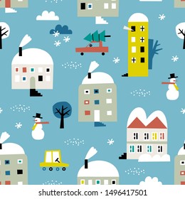 Winter city seamless pattern. Kids textile, wrapping paper, wallpaper design. Background with houses, trees and cars. Winter landscape.