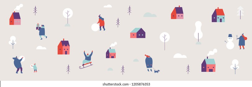 Winter in the city season background people characters. Winter outdoor activities gorizontal banner. Flat vector illustration isolated on white.