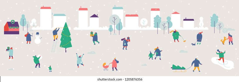 Winter in the city season background people characters. Winter outdoor activities gorizontal banner. Flat vector illustration isolated on white.