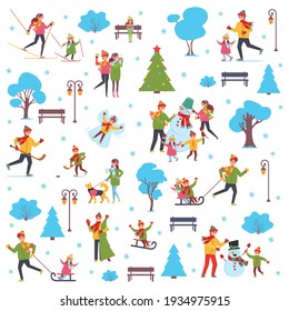 Winter in the city season background people characters. Winter outdoor activities gorizontal banner. Flat vector illustration isolated on white.