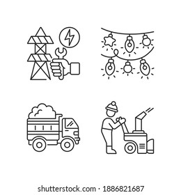 Winter city service linear icons set. Repairing power lines between big cities. Colorful christmas light. Customizable thin line contour symbols. Isolated vector outline illustrations. Editable stroke