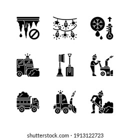 Winter city services black glyph icons set on white space. Icicle removal from building roofs. Christmas lights fot tree. Auto snow removal tools. Silhouette symbols. Vector isolated illustration