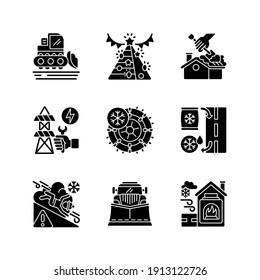 Winter city services black glyph icons set on white space. Special truck for snow grooming. Christmas home decorations installation. Dangerous area. Silhouette symbols. Vector isolated illustration