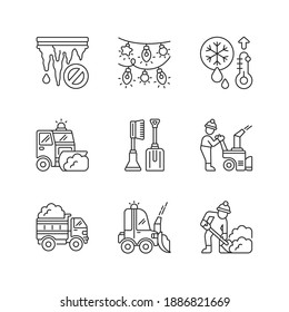 Winter City Services Linear Icons Set. Icicle Removal From Building Roofs. Christmas Lights Fot Tree. Customizable Thin Line Contour Symbols. Isolated Vector Outline Illustrations. Editable Stroke