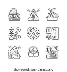 Winter city services linear icons set. Special truck for snow grooming. Christmas home decorations. Customizable thin line contour symbols. Isolated vector outline illustrations. Editable stroke