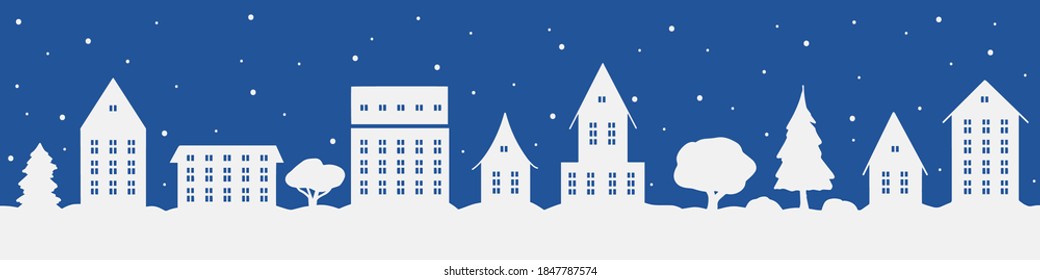 Winter city shape. Vector Christmas banner, linear pattern with houses and trees on blue background