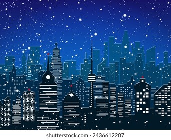 Winter city silhouette, office and residental buildings, falling snowflakes. sky. Christmas and new year, winter urban cityscape vector illustration