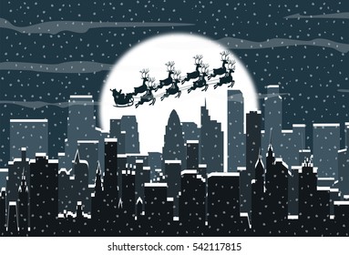 Winter city silhouette of roofs and falling snowflakes. Santa sleigh over urban skyline, moon and sky. Christmas and new year, winter urban cityscape vector illustration