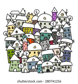 Winter city sketch, background for your design. Vector illustration