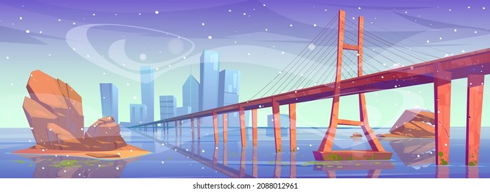 Winter city skyline with bridge over frozen water bay under falling snow and wind. Modern metropolis cityscape with skyscraper buildings architecture, glass towers at sea, Cartoon vector illustration