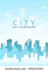 Winter city skyline landscape, town buildings in different times, and urban cityscape town sky. Daytime cityscape. Architecture silhouette downtown vector background. Flat design for flyers, cards