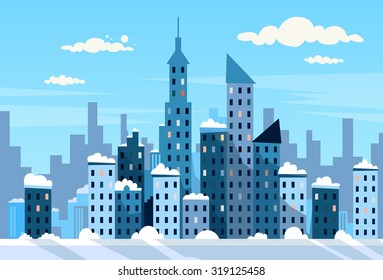 Winter City Skyscraper View Cityscape Snow Skyline Vector Illustration