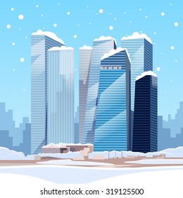 Winter City Skyscraper View Cityscape Snow Skyline Vector Illustration