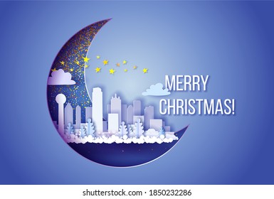 Winter city with skyscrapers at the night inside of crescent moon. Merry Christmas card. Paper cut art. Vector illustration
