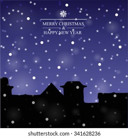 Winter city. Snow falls on building. Sky with snowflakes.