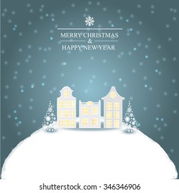 Winter city. Snow falls on building. Sky with snowflakes.