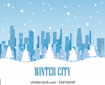 Winter city. Snow-covered metropolis with skyscrapers. Vector illustration