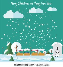 Winter in the city, it is snowing, Christmas Fair, New Year card in flat style