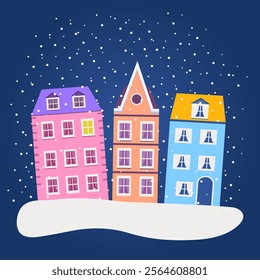 Winter city, it's snowing, winter landscape, old houses, houses in the snow, winter night, night city, Scandinavian city, old city, landscape with houses and snow