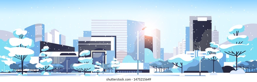 Winter City Snowy Downtown With Skyscrapers Business Buildings Sunshine Cityscape Background Flat Horizontal