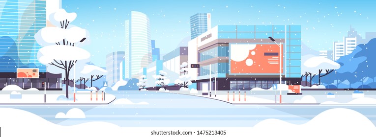 winter city snowy downtown street with skyscrapers business buildings sunshine cityscape background flat horizontal