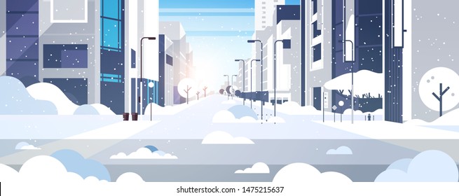 winter city snowy downtown street with skyscrapers business buildings sunshine cityscape background flat horizontal