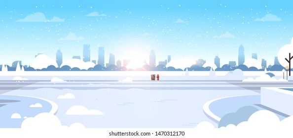 winter city snowy park beautiful nature sunshine cityscape background flat horizontal