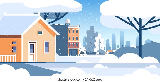 Winter City Snowy Residential House Area Cityscape Background Flat Horizontal