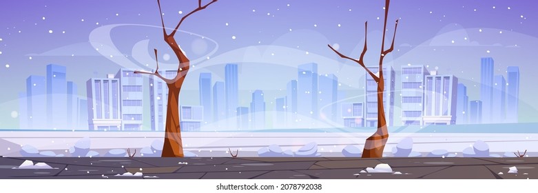 Winter city street with bare trees, blizzard and snowdrifts around, modern town buildings skyline at wintertime season. Urban empty landscape, snow fall under dull sky and cold wind, Vector cartoon