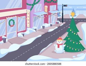 Winter city street with boutiques flat color vector illustration. Snowman with Christmas tree. Festively decorated 2D cartoon cityscape with snowy roads and small shops on background