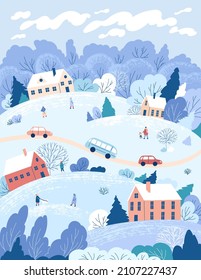 Paisaje urbano de la ciudad de invierno. Ilustración vectorial.