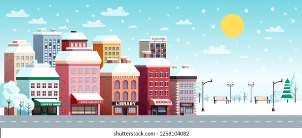 Winter city street flat horizontal banner with coffee shop library bookstore buildings snowy landscape sun vector illustration