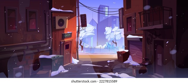 Winter city street landscape with old houses, back alley, road and park behind fence in snowfall. Dirty alleyway with trash bins and snow, vector cartoon illustration