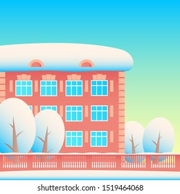 Winter city street: residential building; trees and patterned fencing. Everything is in the snow. Blue sky. Vector cartoon illustration for background.