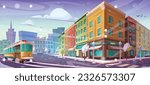 Winter city street with retro tram. Vector cartoon illustration of snowy weather in old European downtown, bookstore on corner, vintage lanterns and trees on pavement, modern architecture on horizon