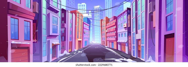 Winter city street with road at day time, empty urban skyline with snow perspective view. Megalopolis architecture buildings, walkway and modern houses, infrastructure Cartoon vector illustration