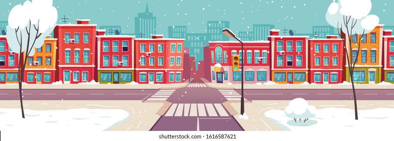 Winter city street with road and houses. Snowy urban landscape. Vector cartoon snowfall in town, illustration for Christmas or New Year card, winter holidays