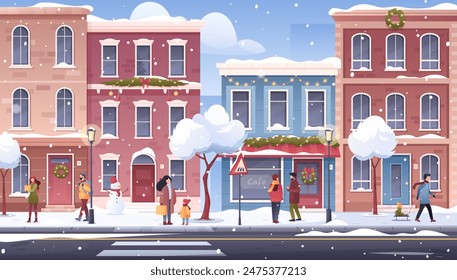 Winter city street. Urban building scene view with houses, walking people, trees, roadway, apartment exterior, cafe. Horizontal cityscape. Town landscape with buildings. Snowy holiday banner