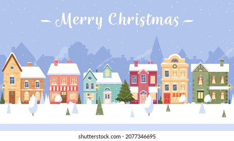 Winter city street. Vector Christmas town with houses, falling snow, trees, snowman, festive garlands. Snowy village landscape. Cityscape. Happy Holidays banner, greeting card for New year and Xmas 